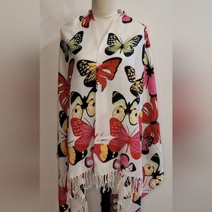 Butterfly/ Monarca/ Mariposas / Fringe/White & Red/Multicolo Rebozo, Scarf, Wrap